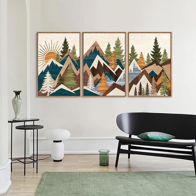 Tinonedraw Large Metal Mountain Framed Canvas Wall Art, Boho Rustic Sunrise Forest Wall Decor, 3 Piece Modern Nature Artwork, Vintage Wilderness Art Print for Living Room Bedroom Office 24"x36"x3