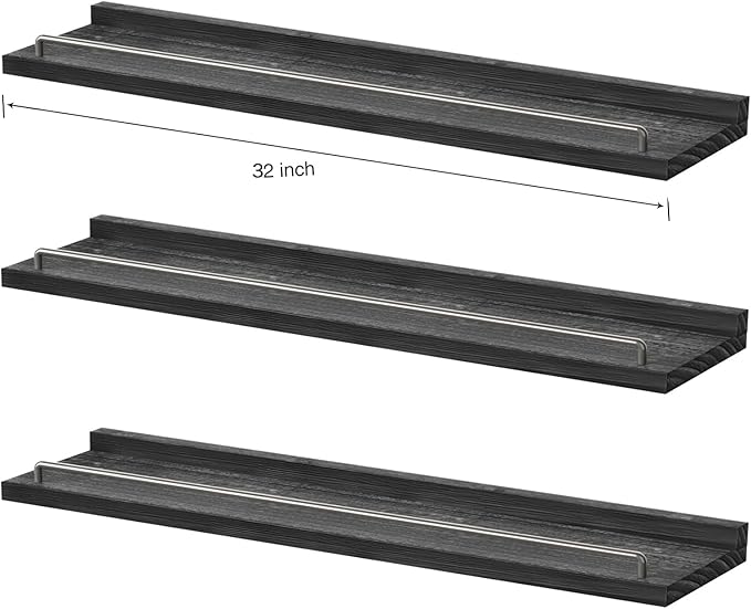 32 inches Long Floating Shelves, Bathroom Decor Shelves Over Toilet, Farmhouse Wall Shelves for Living Room, Bedroom, Picture Frames, Plants, Kitchen, Set of 3 (Black)