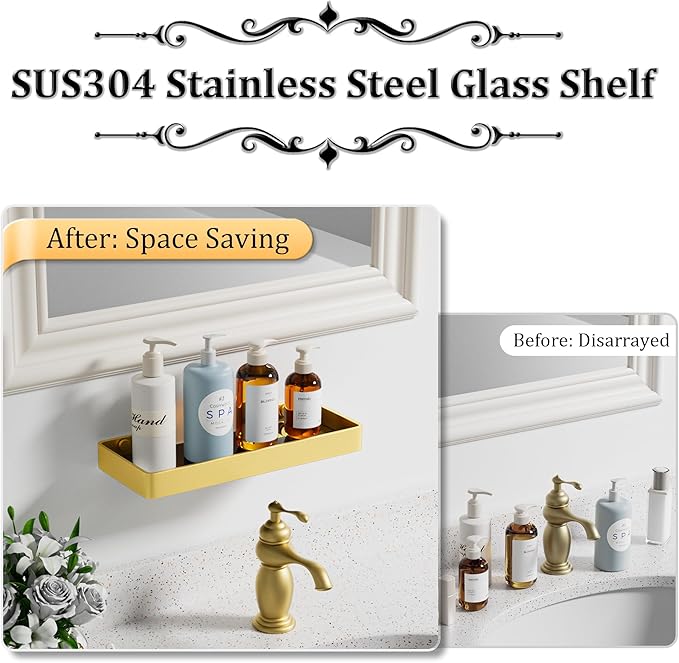 Alise Glass Bathroom Shelf,Gold 11.8 Inch Rectangular Floating Shelves for Bathroom, Showers, Vanities, Kitchens,SUS304 Stainless Steel Glass Shelf for Toilet Room Decoration