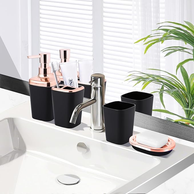 Black Bathroom Accessories, 9-Piece Black Bathroom Set with Trash Can, Vanity Tray, Soap Dispenser, Soap Dish, Toothbrush Holder, Toothbrush Cup, Toilet Brush and Qtip Holders