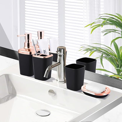 Black Bathroom Accessories, 9-Piece Black Bathroom Set with Trash Can, Vanity Tray, Soap Dispenser, Soap Dish, Toothbrush Holder, Toothbrush Cup, Toilet Brush and Qtip Holders