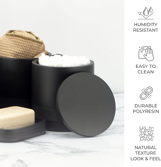 ZCCZ Black Matte Bathroom Accessories Set 6 Pieces - Toothbrush Holder, Lotion Dispenser, Qtip Container, Vanity Tray, Tumbler - Countertop Organizer for Bathrooms - Elegant and Functional Décor Set