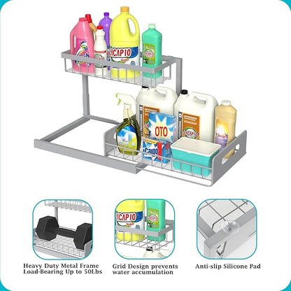 REALINN Under Sink Organizer, Pull Out Cabinet Organizer 2 Tier Slide Out Sink Shelf Cabinet Storage Shelves, Storage for Kitchen Bathroom, Grey, 1 Pack