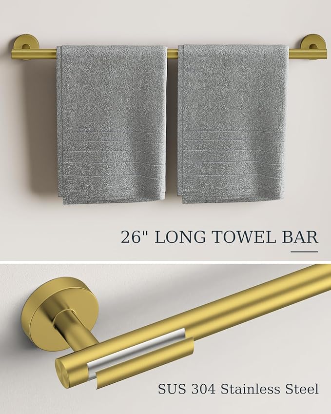 Brushed Gold Bathroom Accessories Set, SUS304 Stainless Steel 5 Pieces Bathroom Hardware Set, 26 Inch Bath Towel Bar Set, 2 Towel Hooks, Toilet Paper Holder, Towel Racks for Bathroom Wall Mounted