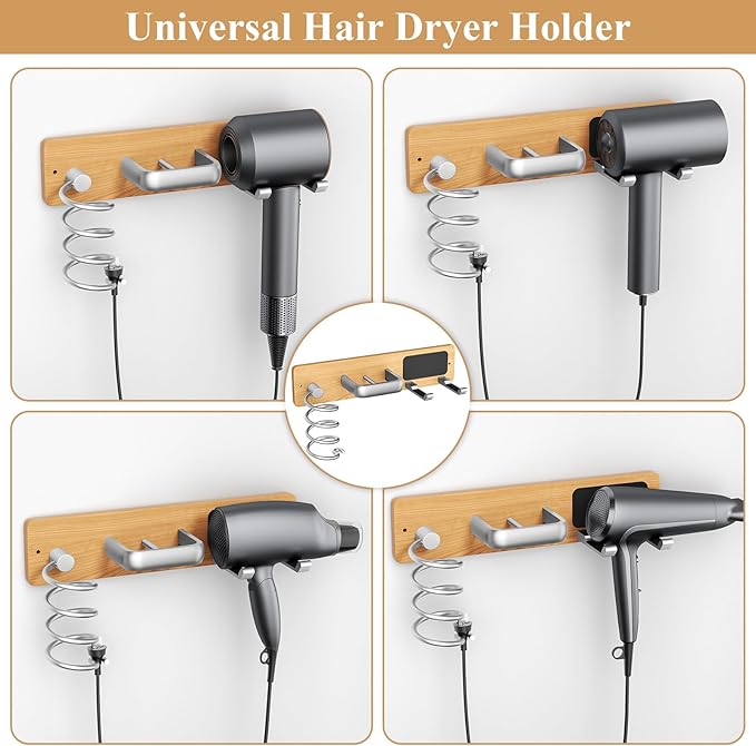 Tindbea Hair Dryer Holder Curling Iron Holder Flat Iron, Blow Dryer Holder Wall Mount, 3 in 1 Bathroom Hair Tool Organizer Rack for Universal Dryer, Cherry Wood Silver Color