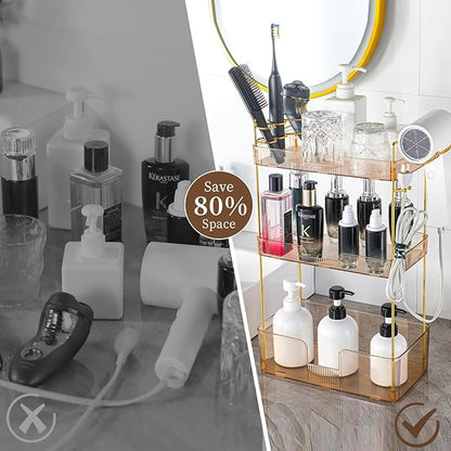 YCIA&DONE Luxury Bathroom Counter Organizer, Large Makeup Organizer Countertop, Shelf Organizer, Vanity Tray, Easily Assemble for Bathroom Organizers and Storage, Undersink, Cabinet,3 Tiers Amber