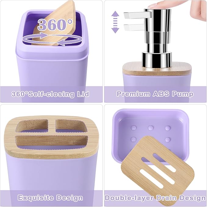 Purple Bathroom Accessories Set, 9 Piece Purple Bathroom Accessory Set with Trash Can,Toothbrush Holder,Toothbrush Cup,Lotion Soap Dispenser,Vanity Tray,Soap Dish,Toilet Brush,Qtip Holder