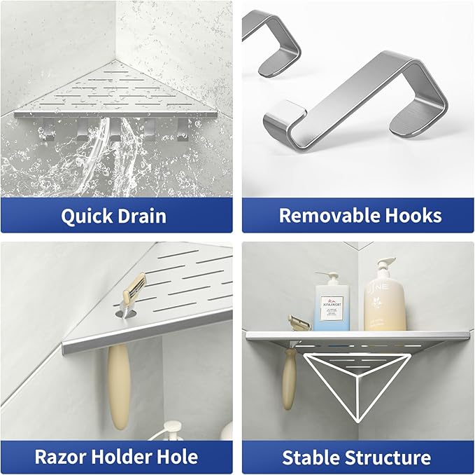 10‘’ Corner Shower Shelf, 304 Stainless Steel Shelves for Bathroom, Grout in Shelf with Hooks for Tiled Wall (Brushed)