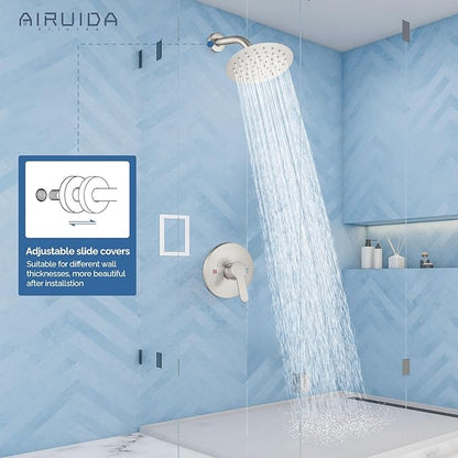 Airuida Shower Faucet Set,Single Function Shower Trim Kit,Wall Mount 6 Inch Round Rainfall Shower Head and Handle Set,Single Handle Shower System Set Male Threads Rough-in Valve Brushed Nickel