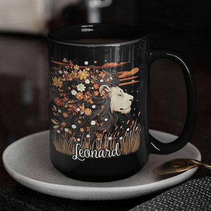Personalized Lion Lover Cup with Vibrant Floral, Custom Name Coffee Mug 11oz or 15oz, Custom Nature Inspired Ceramic Cup, Artistic Lion Black Coffee Mug, Gifts for Women, Men