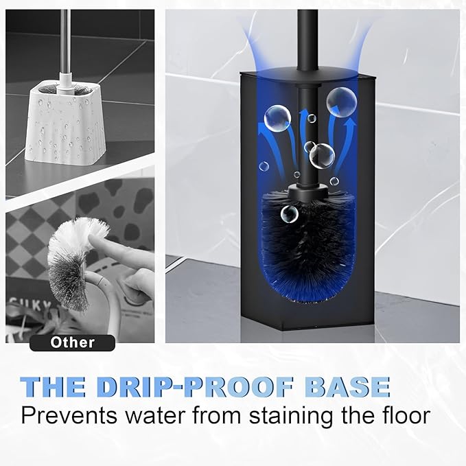 Toilet Brush and Holder Set, NEWRAIN Stainless Steel Toilet Brush with Long Brush Handle, Matte Black Toilet Scrubber and Covered Holder, Square Design Sturdy and Space Saving