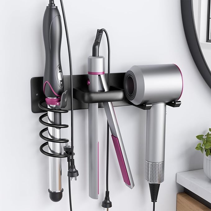 Tindbea Hair Dryer Holder Curling Iron Holder Flat Iron, Blow Dryer Holder Wall Mount, 3 in 1 Bathroom Hair Tool Organizer Rack for Universal Dryer, Matte Black