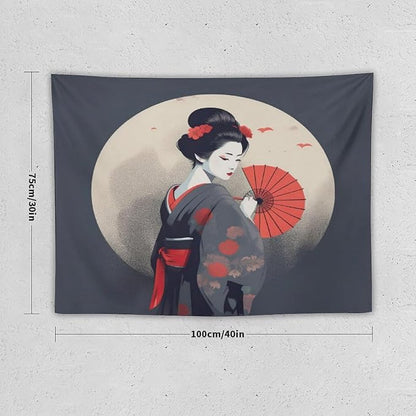 Japanese Woman Geisha Tapestry Asian Red Cherry Blossom Red Sun Traditional Kimono Folk Tapestries Home Decor for Living Room Bedroom Apartment Farmhouse Dorm 40"x30"