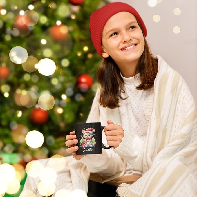 Cute Christmas Cat Cup, Customized Animal Coffee Mug, Gift For Birthday, Personalized Animal Lover Black Cup 11oz 15oz, Custom Xmas Cat Design Mug For Girl