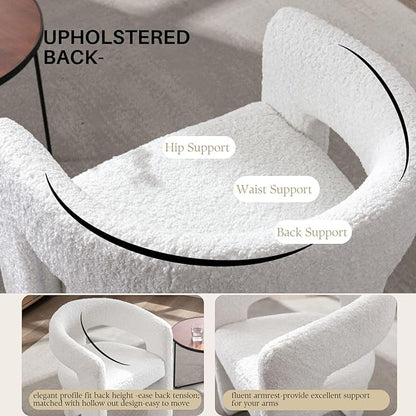 White Boucle Dining Chairs Set of 4, Modern Barrel Dining Room Chairs Upholstered Faux Fur Accent Chair with Arms and Round Back for Living Room Kitchen Armchair No Assembly Needed