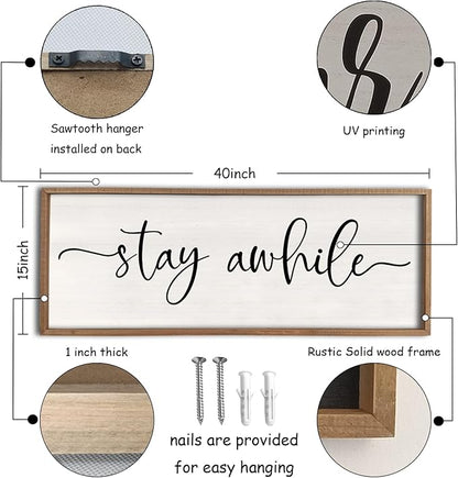 Stay Awhile Sign Wall Decor 40"X15" Large Solid Wood Frame For Hallway Living Room Entryway Farmhouse Wall Art Lets Stay Family Home Rustic Hanging Decoration (Wood)