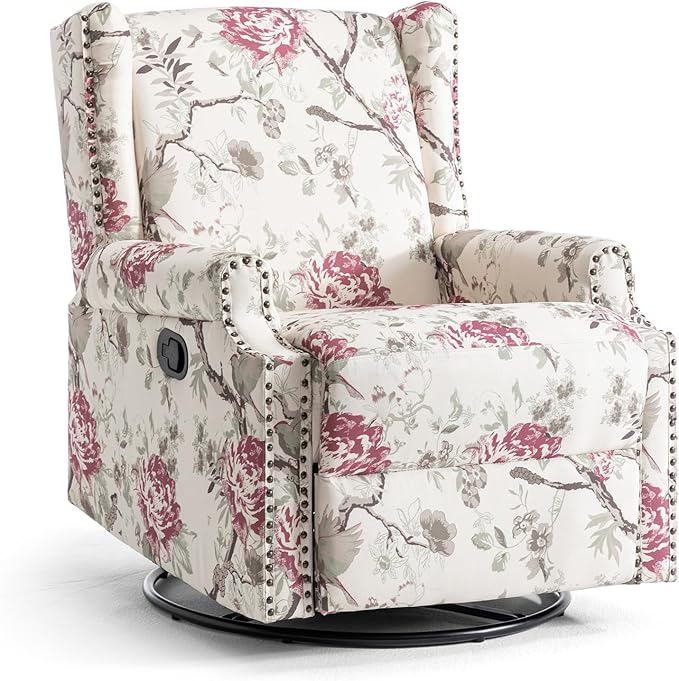 UIXE Swivel Rocker Manual Recliner Chair, Wingback Swivel Glider Fabric Nursery Reclining Sofa Chair, High Back Upholstered Arm Chair for Living Room Bedroom - Beige Floral