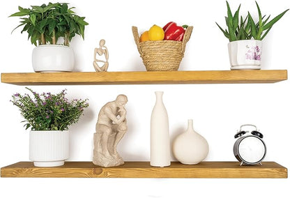 BGMG Wood Floating Shelves 48 inch Set of 2, Rustic Wooden Wall Mount Shelves for Living Room Bedroom Kitchen Farmhouse-48x6.7x1.25 inch- Gold Oak