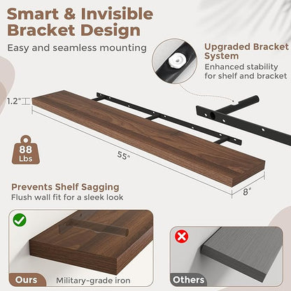 55 Inch Floating Shelves for Wall Set of 2, 8"D Wood Grain Bathroom Shelves with Invisible Brackets, Easy Install Engineered Wood Storage Shelves for Kitchen, Living Room, Bedroom, Walnut Finish