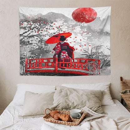 Japanese Red Geisha Tapestry Asian Cherry Blossom Red Sun Traditional Kimono Folk Tapestries Home Decor for Living Room Bedroom Apartment Farmhouse Dorm 40"x30"