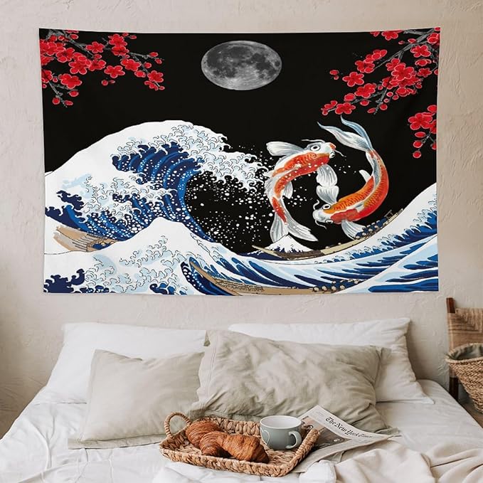Houselerax Japanese Koi Fish Tapestry, Yin Yang Big Wave Red Cherry Blossom Tapestries Wall Hanging for Bedroom Living Room Office Decor 60"x40"