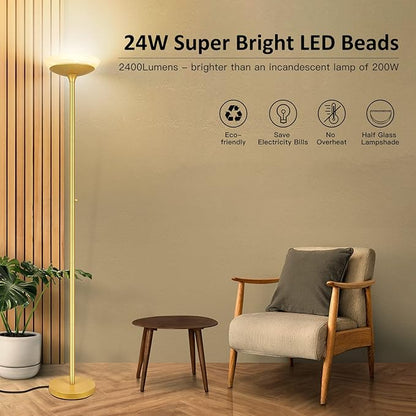 BoostArea Torchiere Floor Lamp, 24W Super Bright LED Standing Lamp, 3000K Stepless Dimmable Pole Lamp with Rotary Switch, 70 Inch Tall Metal Modern Floor Lamps for Living Room/Bedroom/Office/Den, Gold