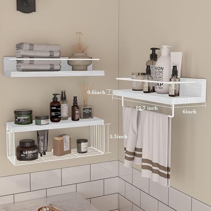 Bathroom Shelves Over Toilet for Wall, Floating Shelves with Storage Basket Paper Holer for Kitchen Living Room, Bedroom & Classroom, Set of 3 (White)