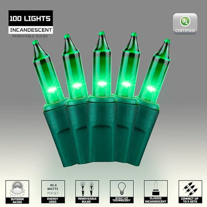 100LIGHTS Green Extra-Bright with End Connectors Christmas Decorative Lights 5.98m UL Certified Mini String Light Set Waterproof for Home Garden Holiday Christmas Tree Party Patio Wedding