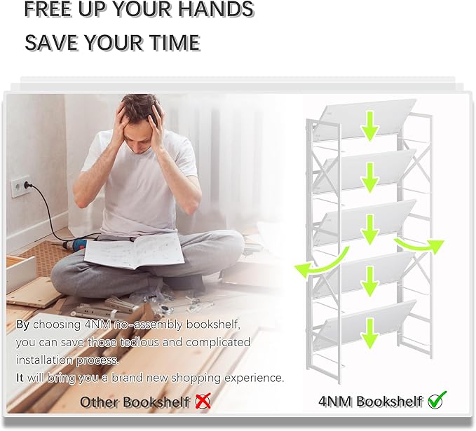 4NM 6 Tiers No Assembly Book Shelves, 61.8" H Folding Bookshelf Bookcase Open Industrial Foldable Shelves for Bedroom, Living Room, Home Office - All White