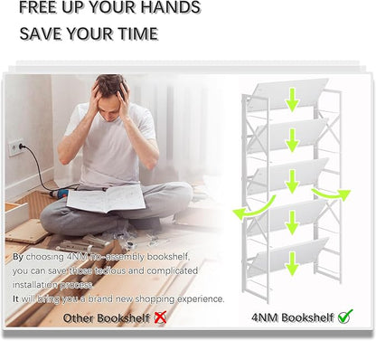 4NM 6 Tiers No Assembly Book Shelves, 61.8" H Folding Bookshelf Bookcase Open Industrial Foldable Shelves for Bedroom, Living Room, Home Office - All White