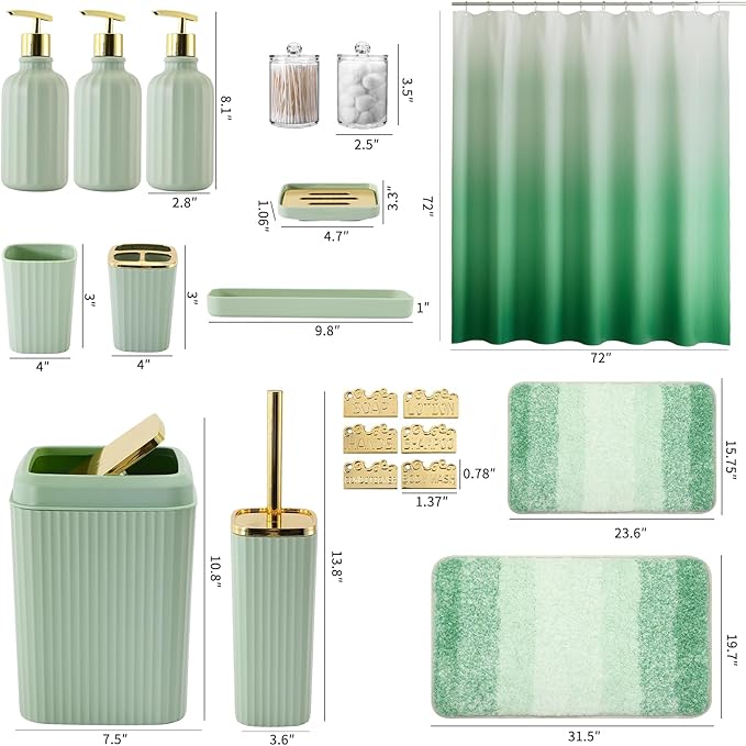 32PCS Bathroom Set Bathroom Sets with Shower Curtain and Rugs Green Bathroom Accessories,Shower Curtain Set,Bathroom Rug Set with Bathroom Trash Can