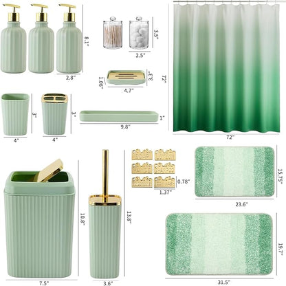 32PCS Bathroom Set Bathroom Sets with Shower Curtain and Rugs Green Bathroom Accessories,Shower Curtain Set,Bathroom Rug Set with Bathroom Trash Can