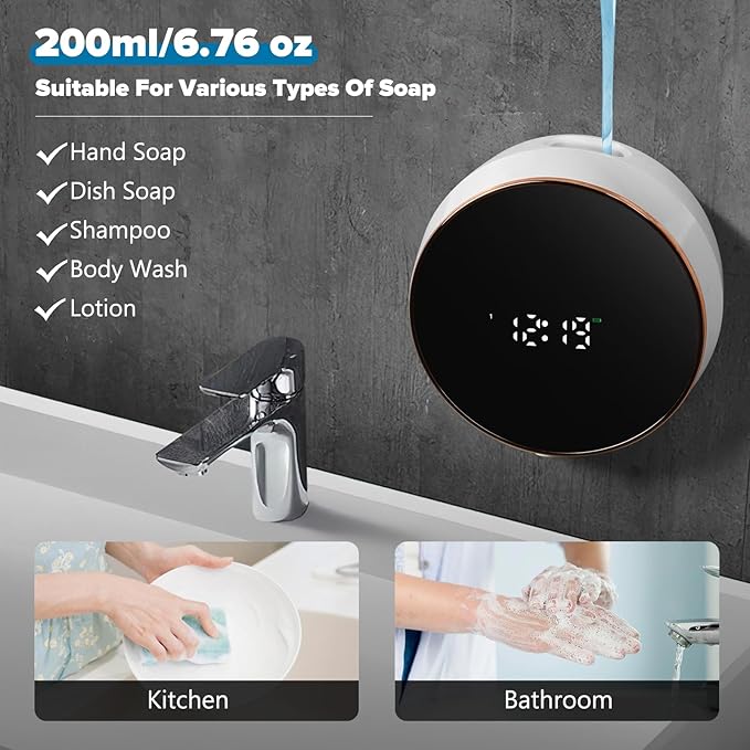 Automatic Soap Dispenser Liquid Bathroom: Wall Mount Rechargeable Touchless Adjustable Auto Smart Electric Plastic White Soap Dispenser with Clock - Kitchen - Hand Dish Lotion Couple Kids