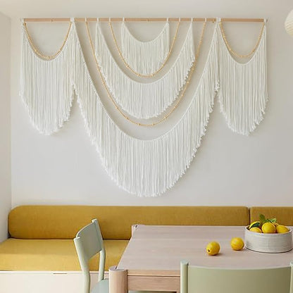 Flber Large Macrame Wall Hanging – Boho Yarn Art Garland with Tassels and Beads, Handmade Rope Decor for Nursery, Party, Wedding, Bedroom, Fireplace Mantel, or Photo Backdrop 57" W x 41" L