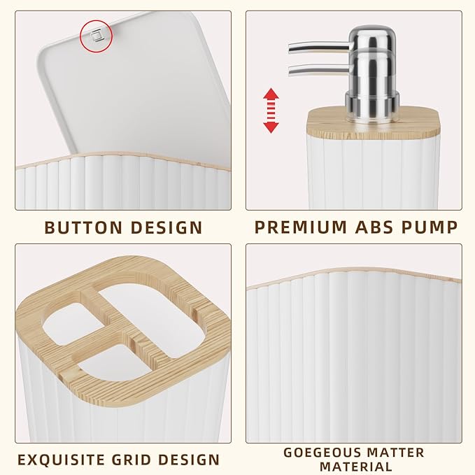 Bathroom Accessories Set - Elegant White Bathroom Set, 10PC Bathroom Accessory Set, Toilet Brush, Trash Can, Qtip Holder Dispenser & Soap Dispenser