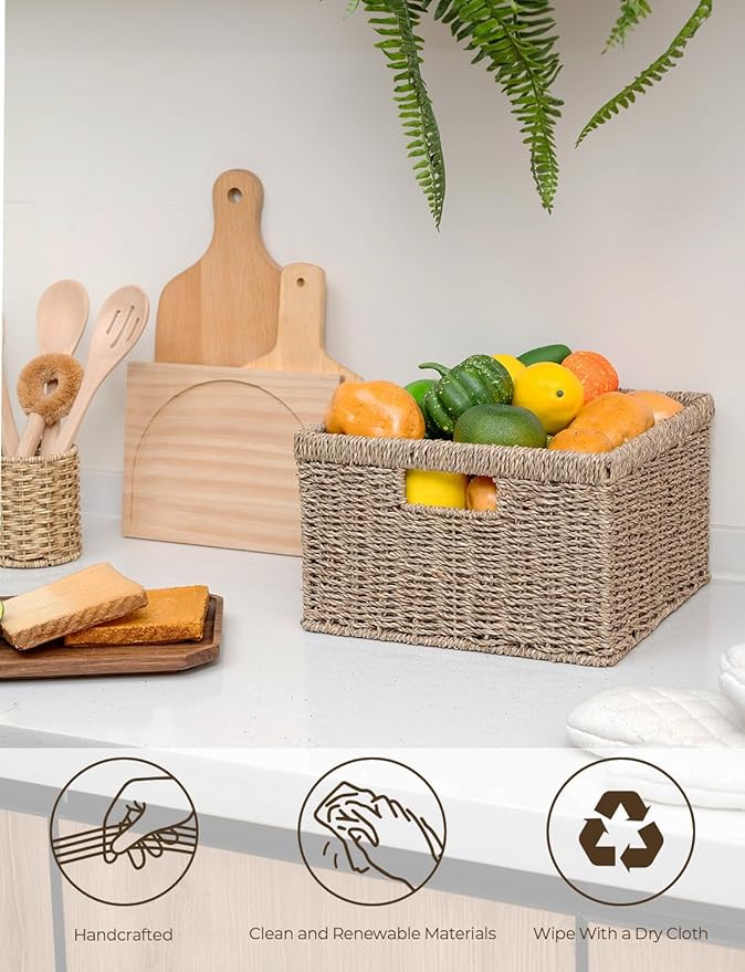 StorageWorks Wicker Storage Baskets, Large and Small Baskets, Handwoven Seagrass Basket for Organizing, Decorative Wicker Baskets with Built-in Handles, Set of 2