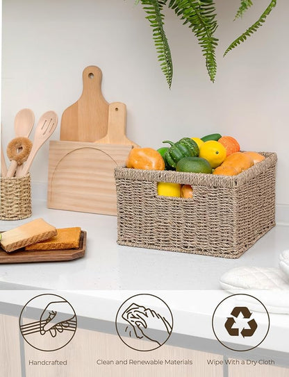 StorageWorks Wicker Storage Baskets, Large and Small Baskets, Handwoven Seagrass Basket for Organizing, Decorative Wicker Baskets with Built-in Handles, Set of 2