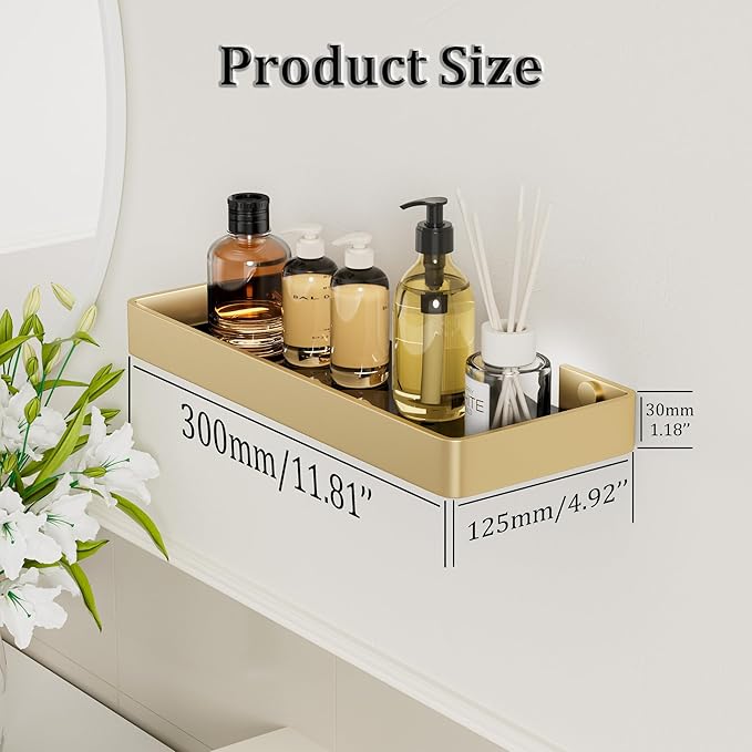 Alise Glass Bathroom Shelf,Gold 11.8 Inch Rectangular Floating Shelves for Bathroom, Showers, Vanities, Kitchens,SUS304 Stainless Steel Glass Shelf for Toilet Room Decoration
