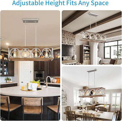 XINGQI Farmhouse Dining Room Chandeliers, Rectangle Vintage Hanging Lighting Fixtures, 4-Light Kitchen Island Lighting, Rustic Metal Chandelier Pendant Light, Antique Wood Grain XY082