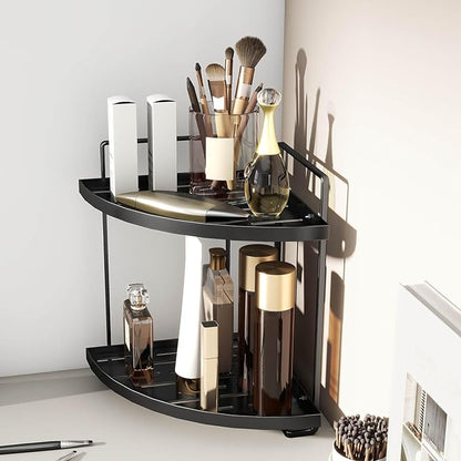 2-Tier Bathroom Counter Organizer, Corner Bathroom Organizer Countertop, Black Vanity Tray Counter Corner Shelf, Corner Organizer for Skincare Makeup Kitchen Storage, 8.2''L x 8.2''W x 11.2''H