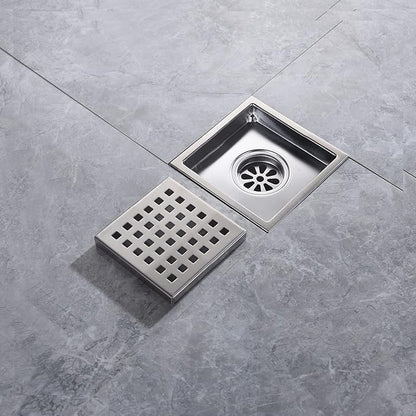 4 Inch Brushed Nickel Shower Floor Drain Square for Bathroom Kitchen Removable Grille Plate Cover with Flange Kit, Sus304 Stainless Steel