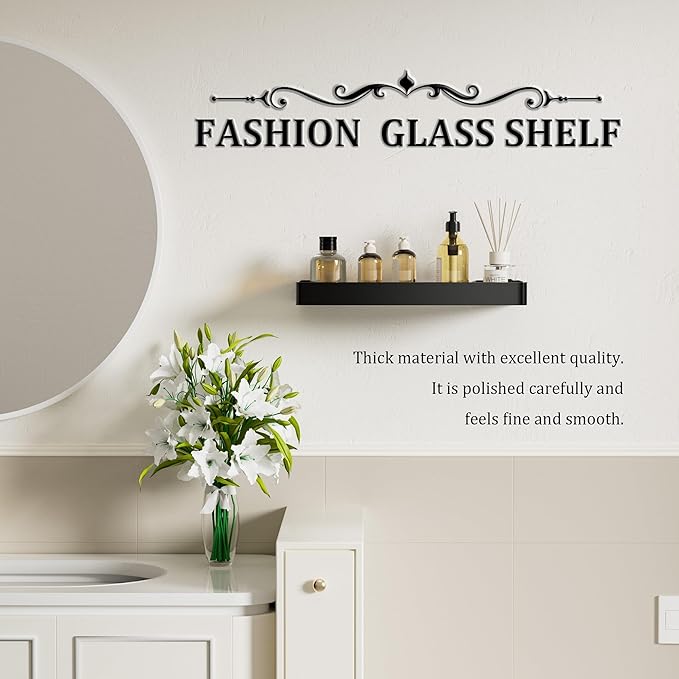 Alise Glass Bathroom Shelf,Black 11.8 Inch Rectangular Floating Shelves for Bathroom, Showers, Vanities, Kitchens,SUS304 Stainless Steel Glass Shelf for Toilet Room Decoration