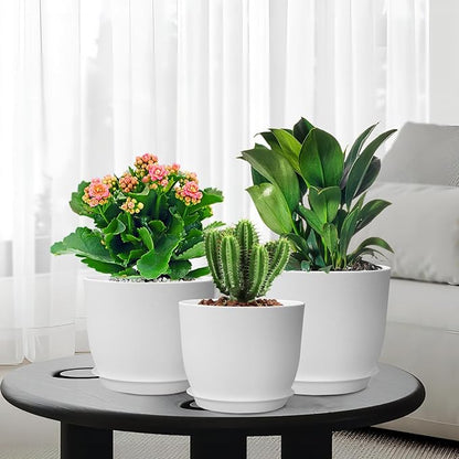 9/8/7.5 inch Flower Pots, Set of 3 Modern Decorative Plastic Planters with Drainage Holes and Saucers, Plant Pots for Indoor Outdoor Plants, White