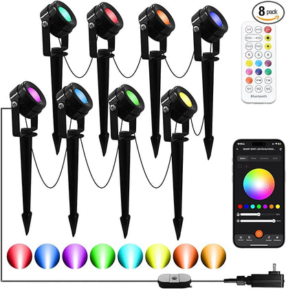 Smart RGBW Spot Lights Outdoor, 8 Pack Low Voltage Landscape Lighting with APP & Remote Control, Waterproof and Timing, Color Changing Outdoor spot Lights for Yard Halloween Christmas Decorations