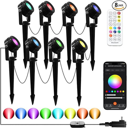 Smart RGBW Spot Lights Outdoor, 8 Pack Low Voltage Landscape Lighting with APP & Remote Control, Waterproof and Timing, Color Changing Outdoor spot Lights for Yard Halloween Christmas Decorations