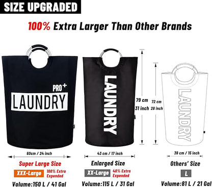 Caroeas Super Large 150L Laundry Basket Pro, Waterproof Laundry Hamper, Collapsible Laundry Basket Easy Storage, Clothes Hamper Stands Up Well, Laundry Bag with Padded Handles (Black)