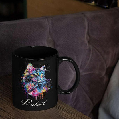 Customized Cat Ceramic Mug, Gift For Cat Pet Owner, Personalized Cat Lover Coffee Cup, Colorful Cat Design Mug For Birthday, Custom Name Cat Animal Black Cup, Unique Cat Mug 11oz 15oz