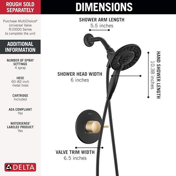 Delta Faucet Albion 14 Series Single-Handle Shower Faucet, Black/Gold Shower Trim Kit with In2ition 2-in-1 Dual Hand Held Shower Head, Matte Black/Champagne Bronze T142855-GZ-I (Valve Not Included)