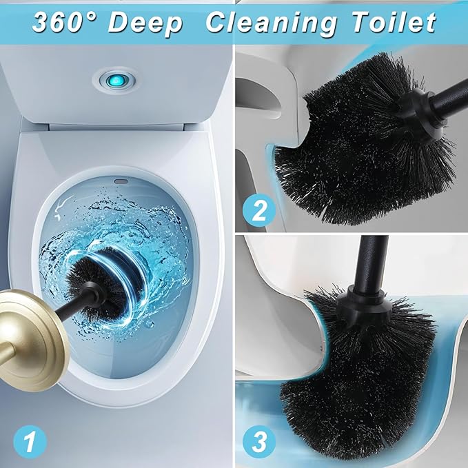 Stainless Steel 304 Toilet Brush and Holder,Toilet Bowl Brush with Long Handle for Bathroom,Toilet Cleaner Brush-Space,Saving,Covered Brush,Durable, Deep,Cleaning,Splash Resistant (Gold)