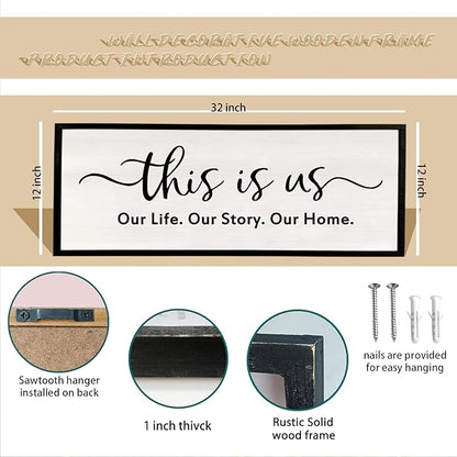 This is us Wall Decor Sign 32'' x 12'' Large Master Bedroom Home Life Story Wood Framed Vintage Family Sign Rustic Plaque Living Room Minimalist Farmhouse Hanging Wall Art (Black)